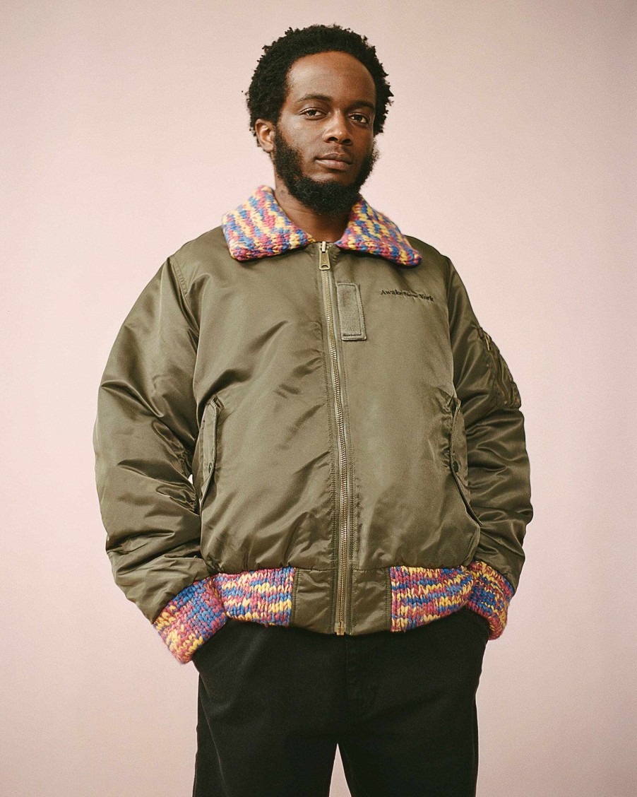 Men Alpha Industries Outerwear | Awake X Alpha Ma-1 Knit Trimmed Washed Bomber Jacket Olive