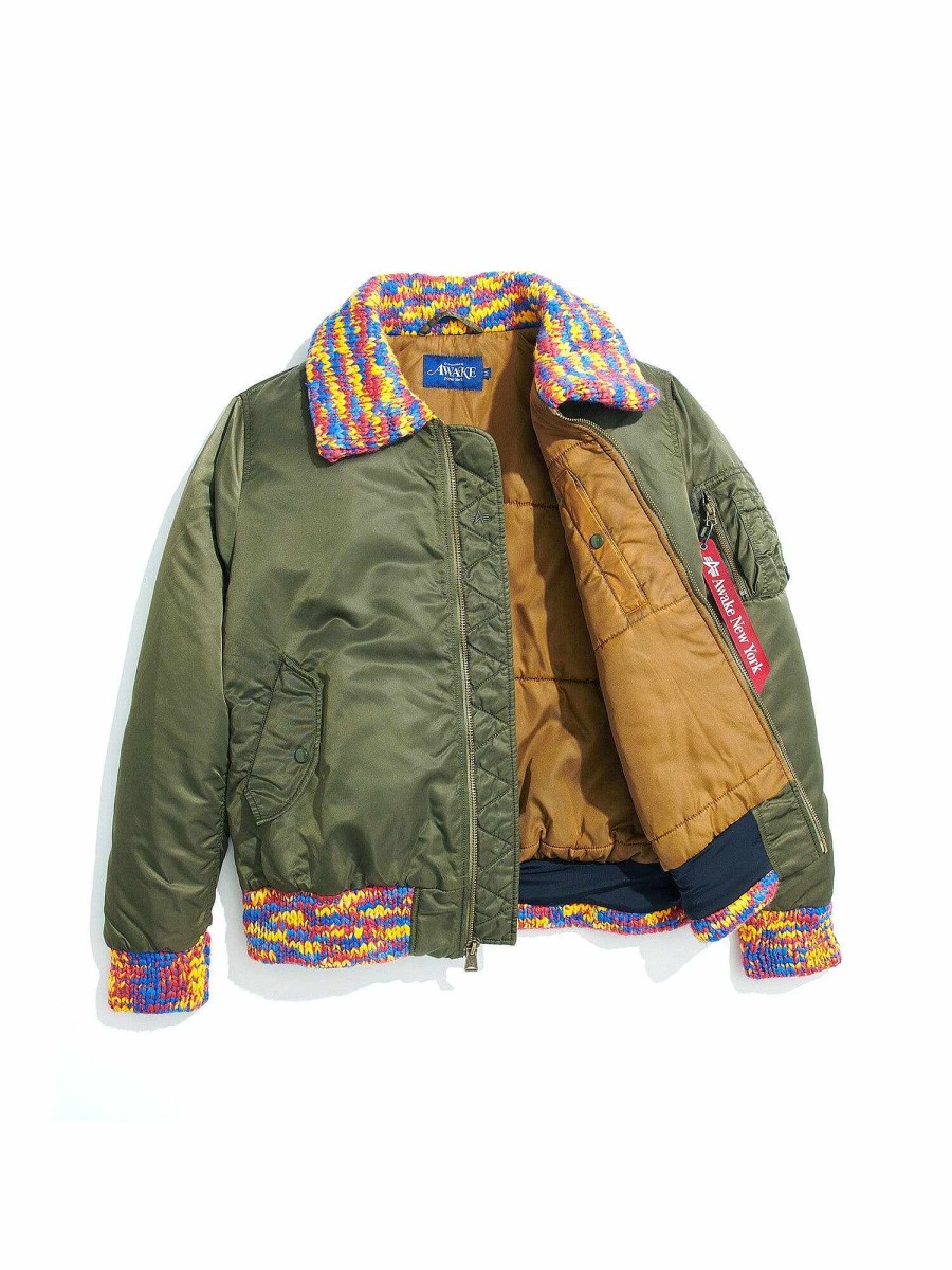 Men Alpha Industries Outerwear | Awake X Alpha Ma-1 Knit Trimmed Washed Bomber Jacket Olive