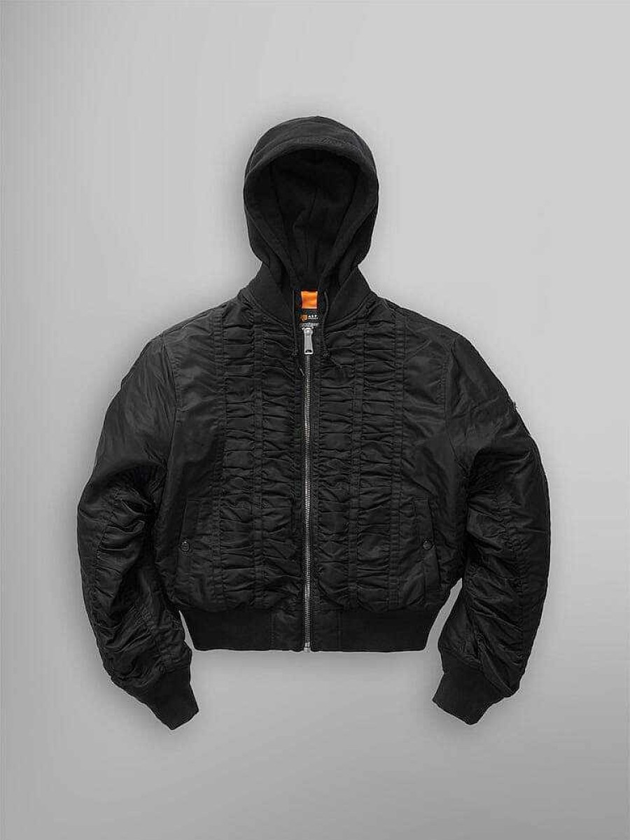 Women Alpha Industries Outerwear | Alpha X Mademe Hooded Ruched Ma-1 Bomber Jacket