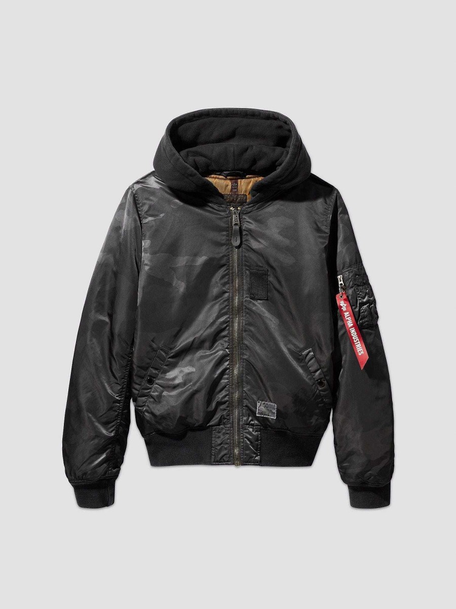 Women Alpha Industries Outerwear | Ma-1 Hooded Battlewash Bomber Jacket Black Woodland Camo
