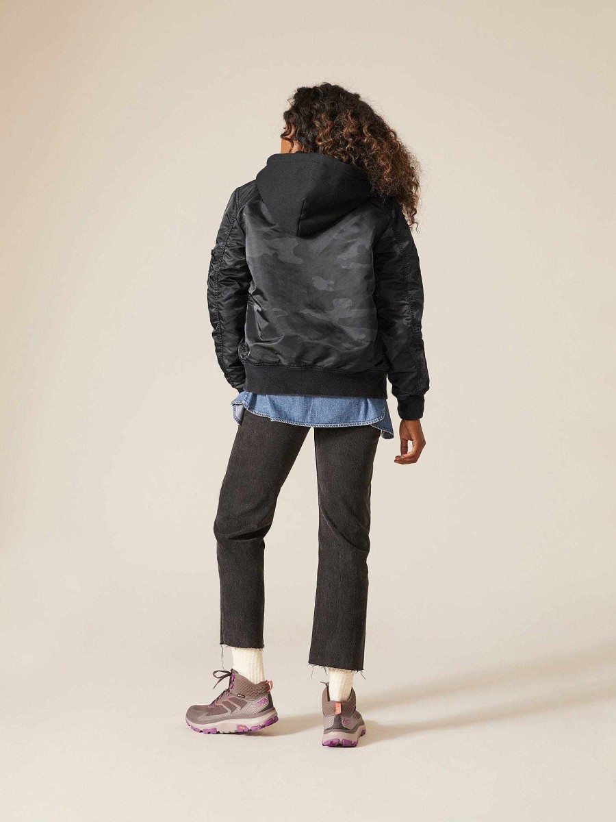 Women Alpha Industries Outerwear | Ma-1 Hooded Battlewash Bomber Jacket Black Woodland Camo