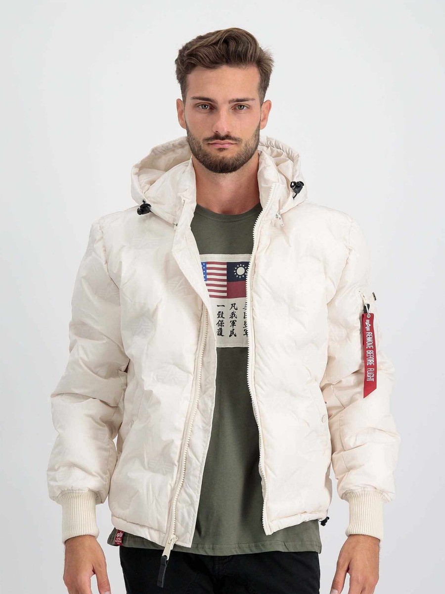 Men Alpha Industries Outerwear | Hooded Logo Puffer White